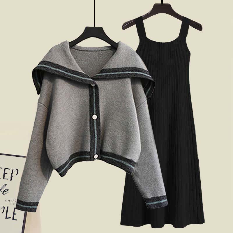 Sailor Collar Knit Cadigan Sweater Slip Dress