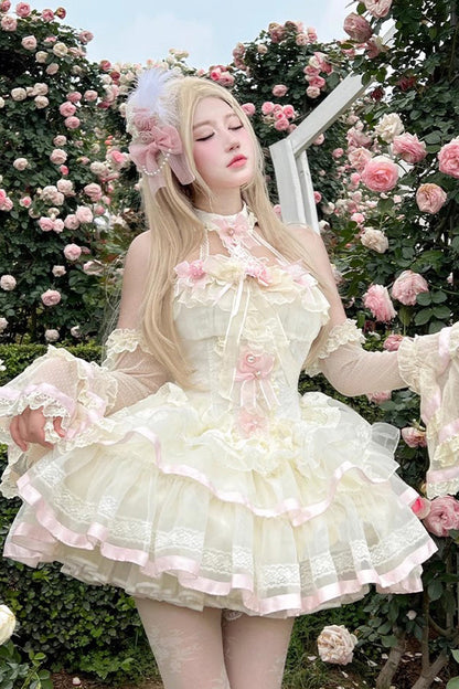 Floral Ballet Halterneck Layered Ruffled Lace Sweet Gown