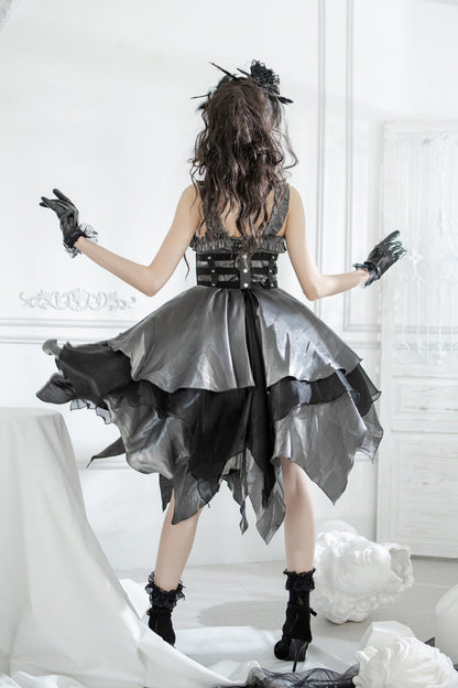 Silver/Grey Gothic Lolita Multi-Layered Asymmetric JSK Dress
