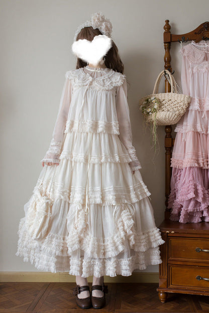 Sweet Stand Collar Long Sleeve Multi Layer Ruffle Color Block Lolita Tiered Dress 14 Colors