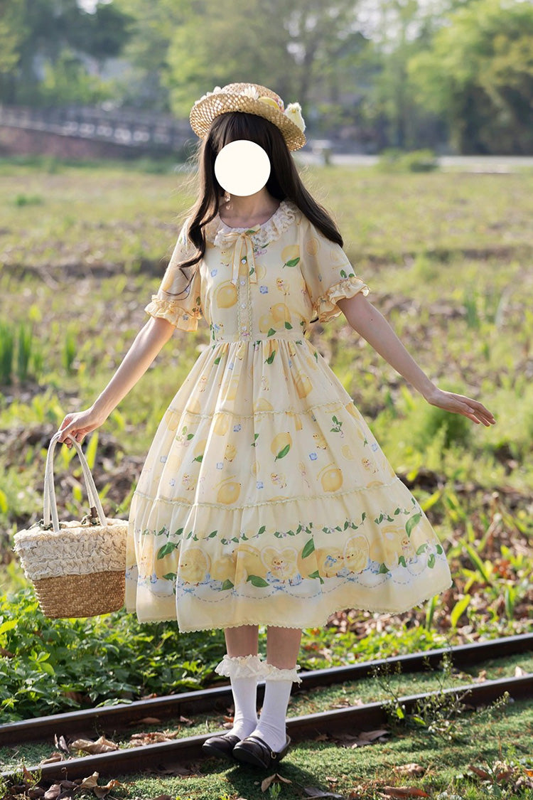Lemon Chicken Short Sleeve Print Ruffle Bow Lace Daily Sweet Lolita Gown in Yellow