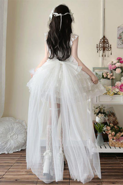 White Broken Wings Rebirth Sleeveless Multi-Layered Ruffle Bow Lace-Up Gothic Ballet Lolita Jsk Dress
