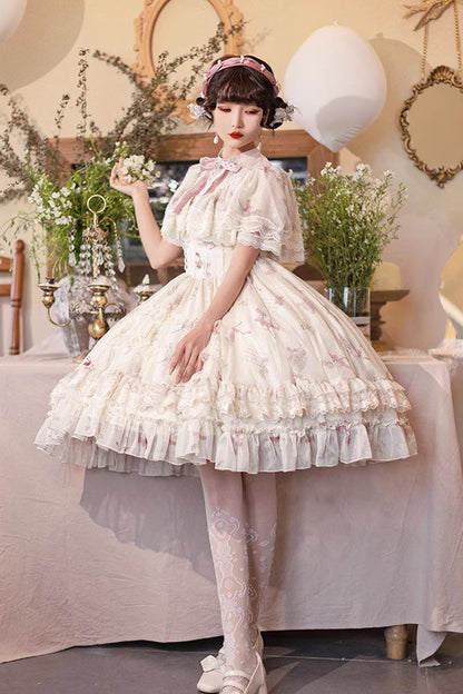 Bellflower Print Ruffled Lace Sweet Princess Gown