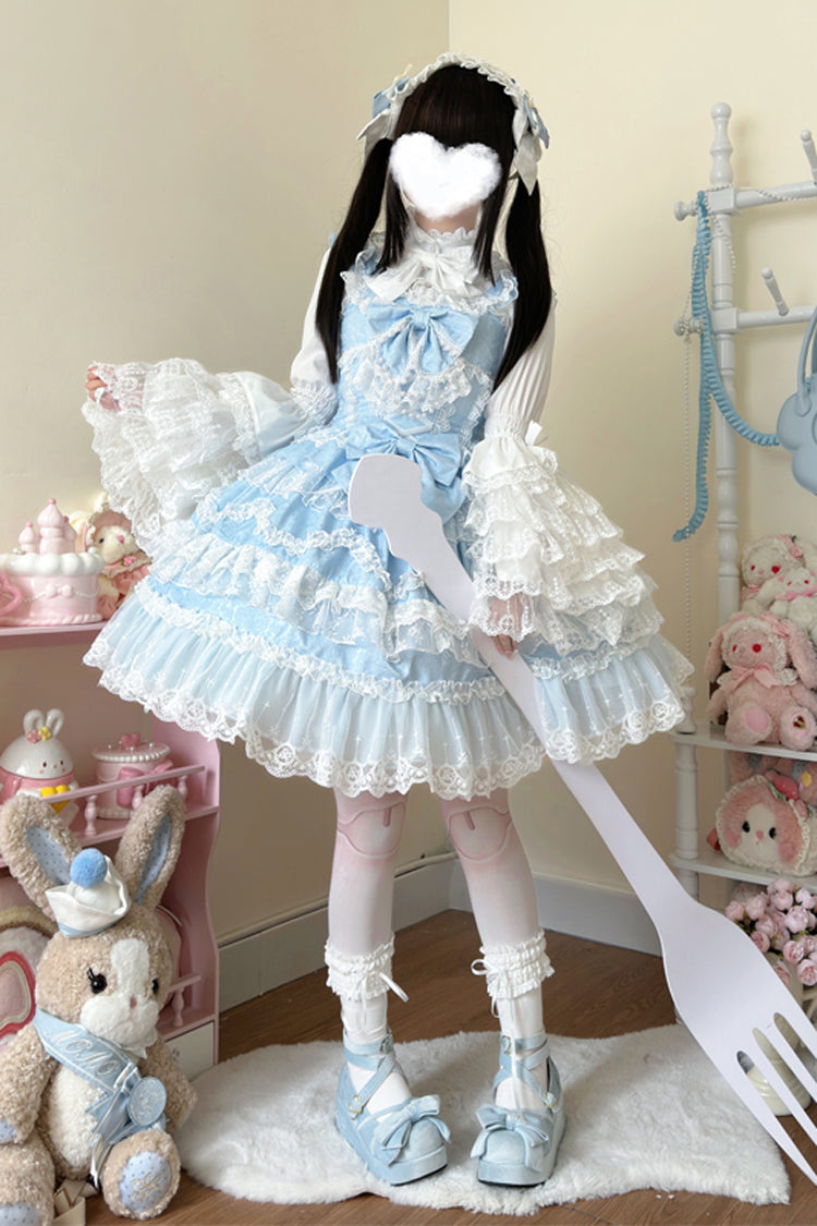 Azure Sleeveless Multilayer Ruffled Pearl Bow Lace Sweet Lolita JSK