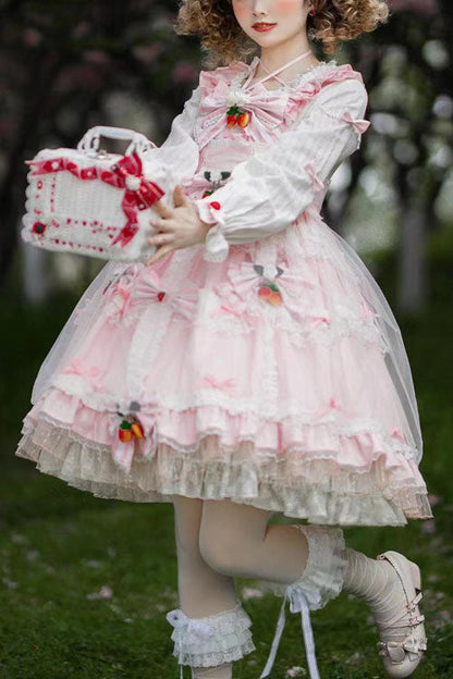 Pink OP Dress Sweet Lolita Strawberry Bowknot Round Collar - Altfashion Shop