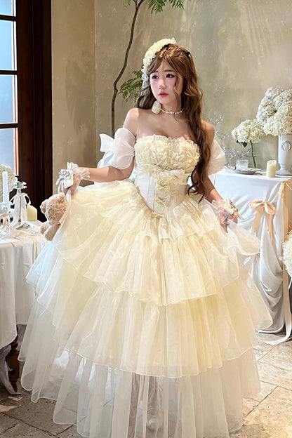 Mousse Serenade Triple-Layered Ruffled Hanayome Bow Lace Sweet Princess Lolita Strapless Dress in Beige