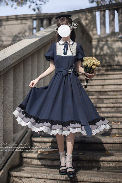 Lapel-Collar Vintage Dress with Bow Print and Short Sleeves