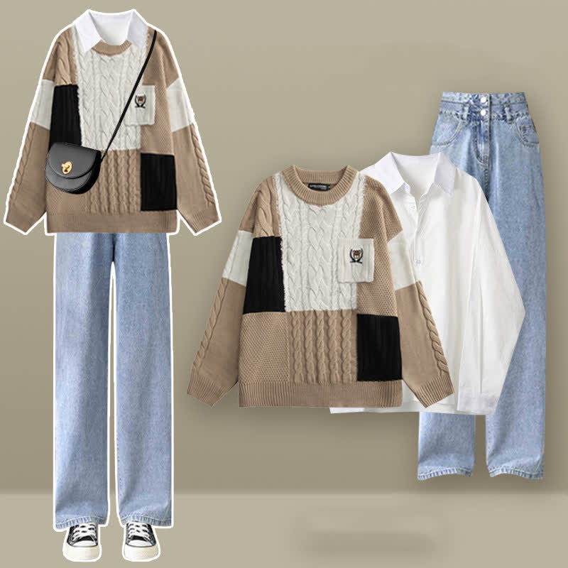 Colorblock Cable Knit Sweater Shirt Denim Pants Set