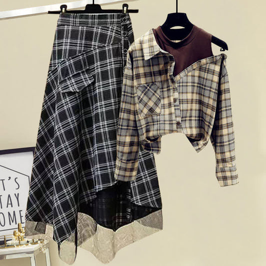 Skirt Tulle Plaid Shirt Button Front