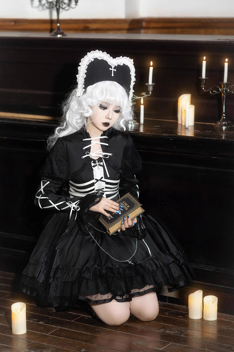 Black Gothic Princess Lolita JSK Dress with Multi-Layer Ruffles and Bowknot
