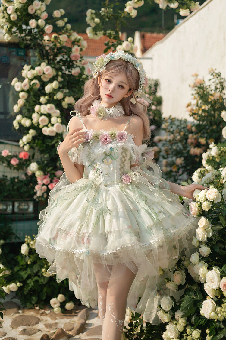 Emerald Layered Fishbone Lace-Up Lolita JSK - Spring Rose