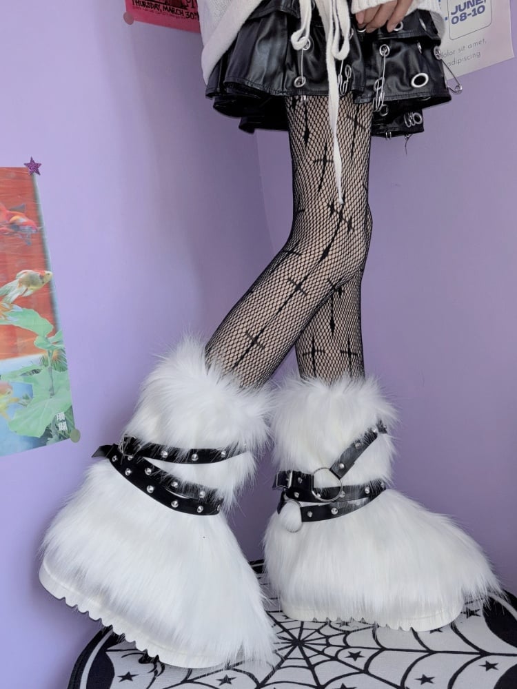 Black White Studs Strap Shaggy Leg Warmers