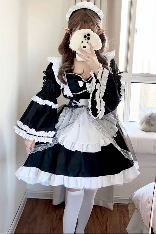 Black White Maid Long Hime Sleeve Ruffle Bow Sweet Plus Size Lolita Dress Full Set