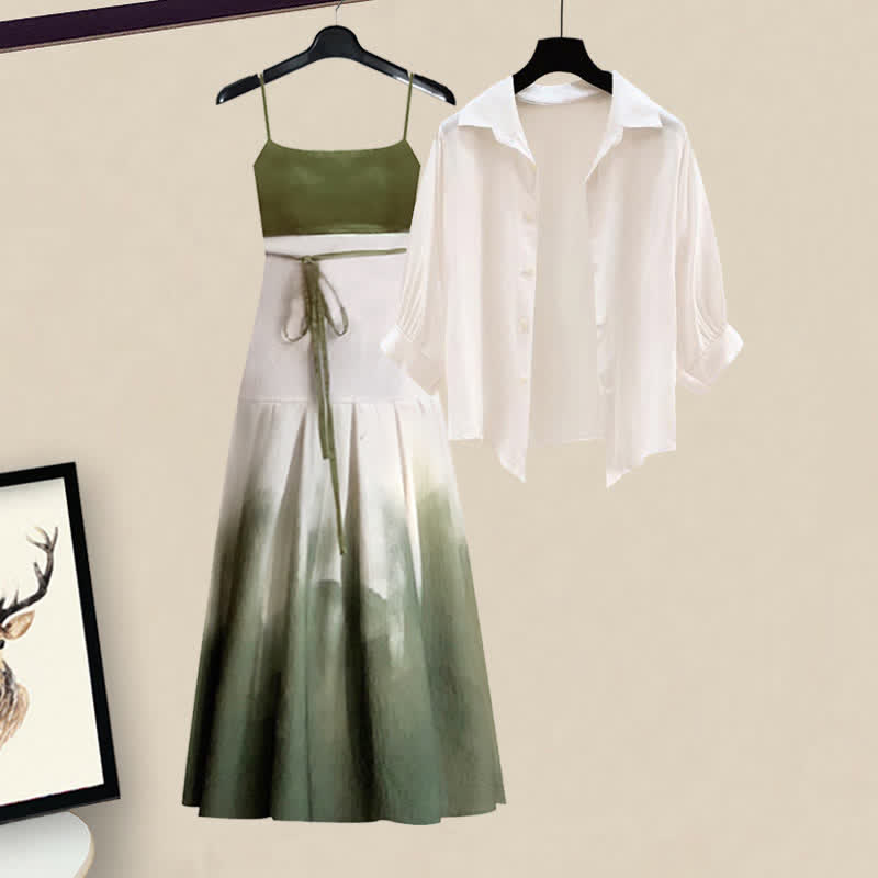 Spring Lapel Print Dress Slip Shirt Loose Green Vintage