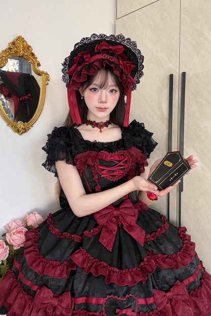 Elegant Gothic JSK Dress with Triple Ruffles and Bow - Noir