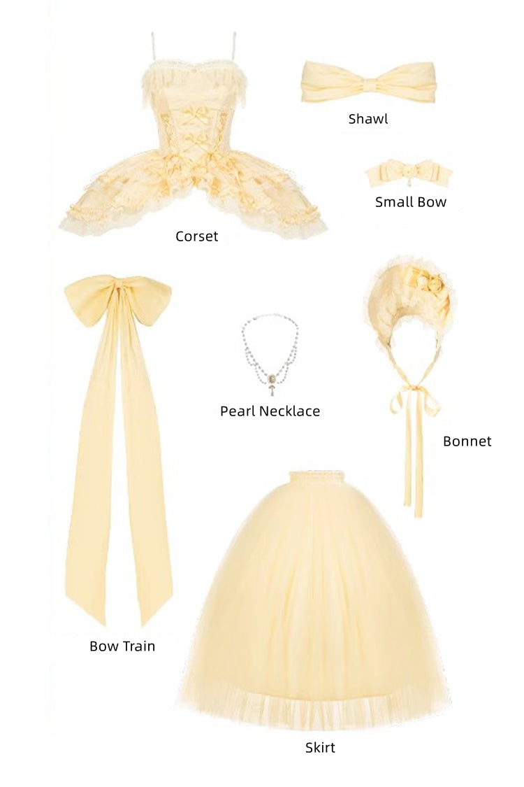 Sissi's Pilgrimage Off Shoulder Ruffle Bow Lace Sweet Lolita Long Skirt in Yellow
