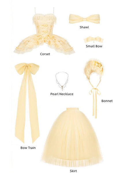 Sissi's Pilgrimage Off Shoulder Ruffle Bow Lace Sweet Lolita Long Skirt in Yellow
