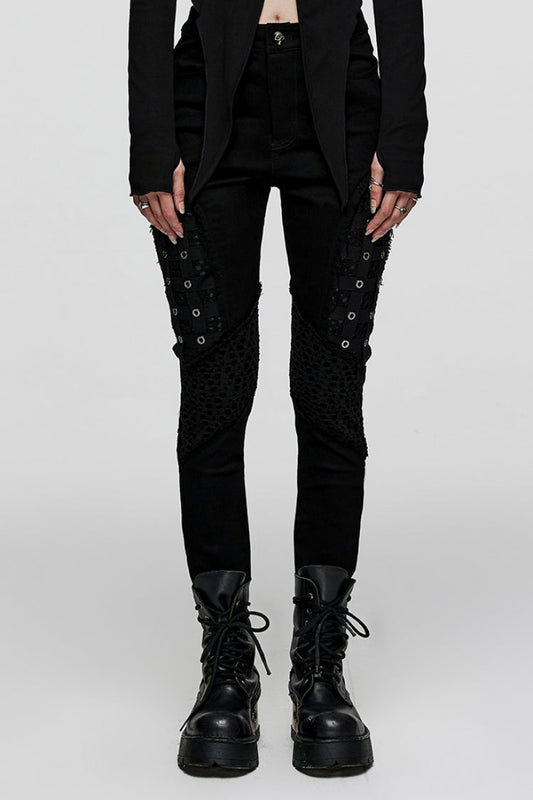 Sleek Mesh Stitched Steampunk Trousers with Metal Grommets