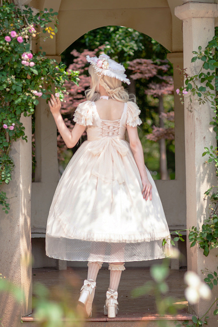 Apricot Polka Dot Asymmetric Ruffle Bow Lolita Dress - Moon goddess *Mediana*