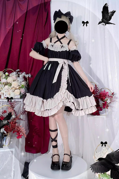 High-Waisted Asymmetric Ruffled Bowknot Gothic JSK