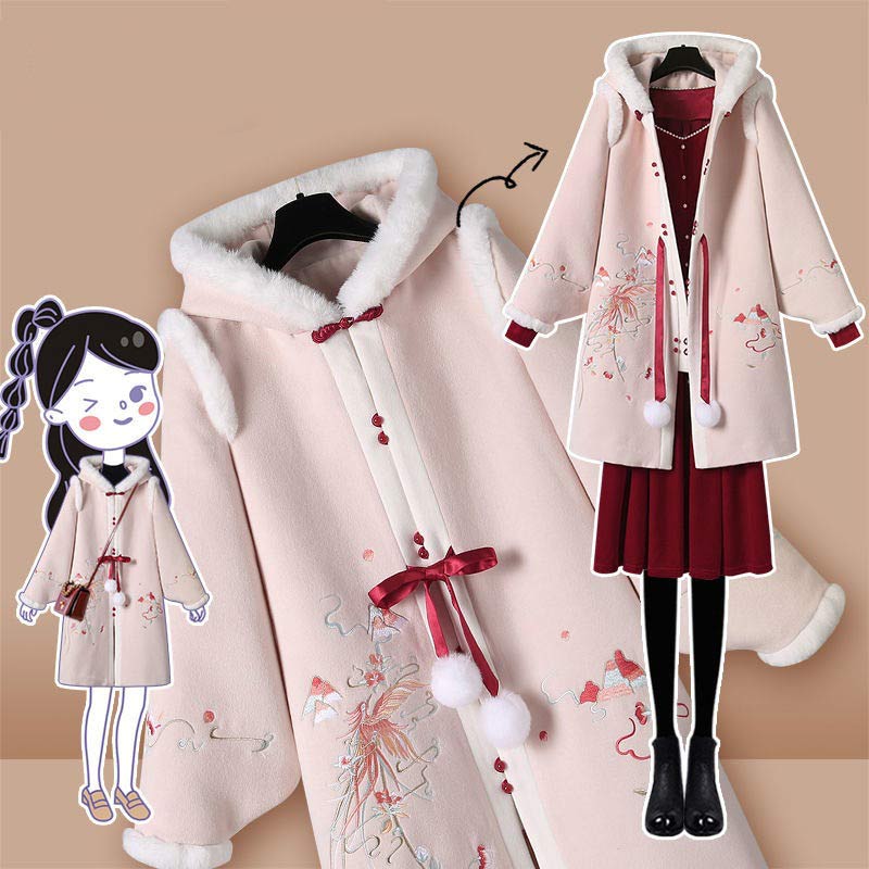 Charming Floral Embroidery Hooded Coat Dress Set