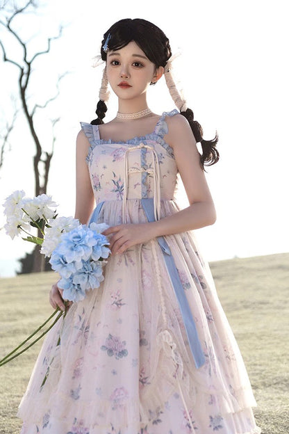 Elegant Floral Wall Print Sweet Lolita Gown with Ruffles