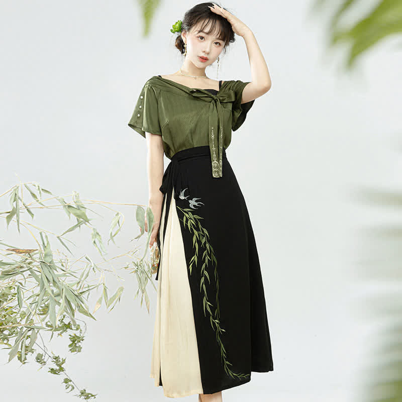 Elegant Salix Leaves Embroidery T-Shirt Cami Top Skirt