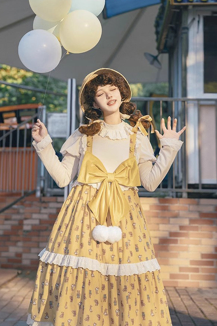 Golden Stuffed Bear Print Bow Sweet JSK Dress