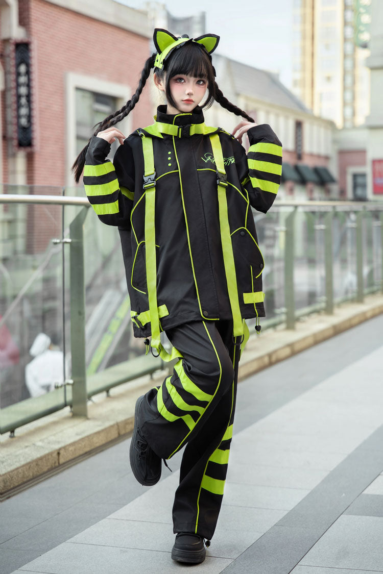 Cat Ear Hooded Jirai Kei Long Sleeve Coat in Yellow Green Black
