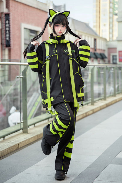 Cat Ear Hooded Jirai Kei Long Sleeve Coat in Yellow Green Black