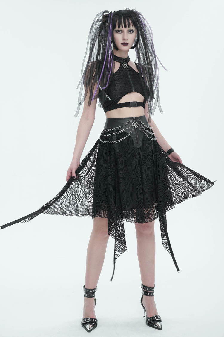 Half Hollow Knit Metal Chain Black Asymmetric Punk Skirt