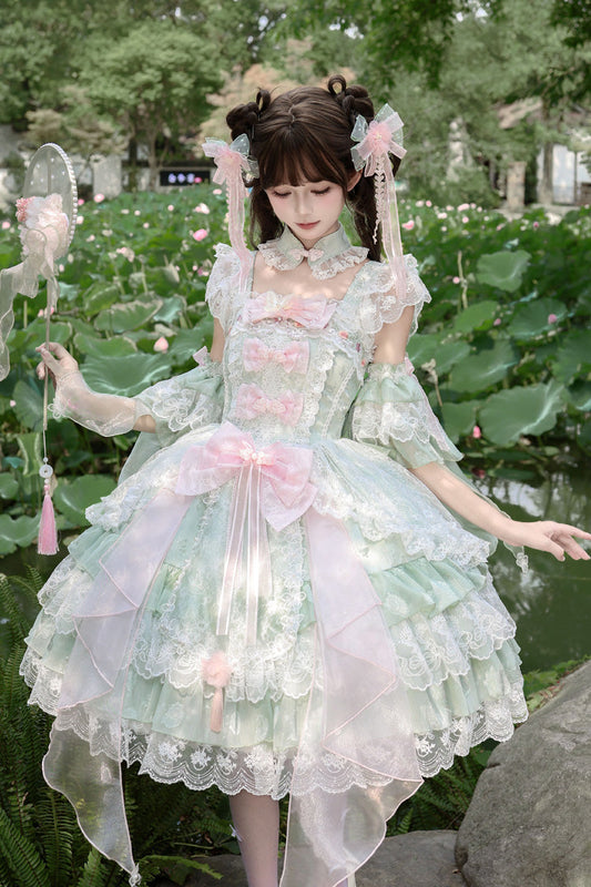 Emerald Embroidered Open-Front Bow Lace JSK - Spring Waters