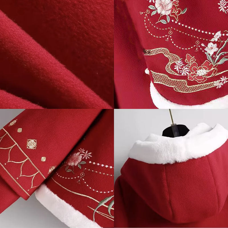 Red Flower Embroideried Hoodie Plush Pleated Skirt