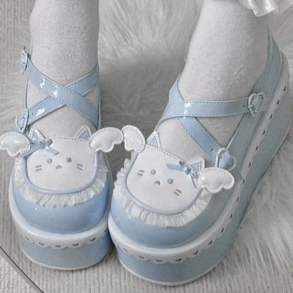Cat-Design Ruffled Cross-Strap Round-Toe Daily Lolita Platforms in Four Colors