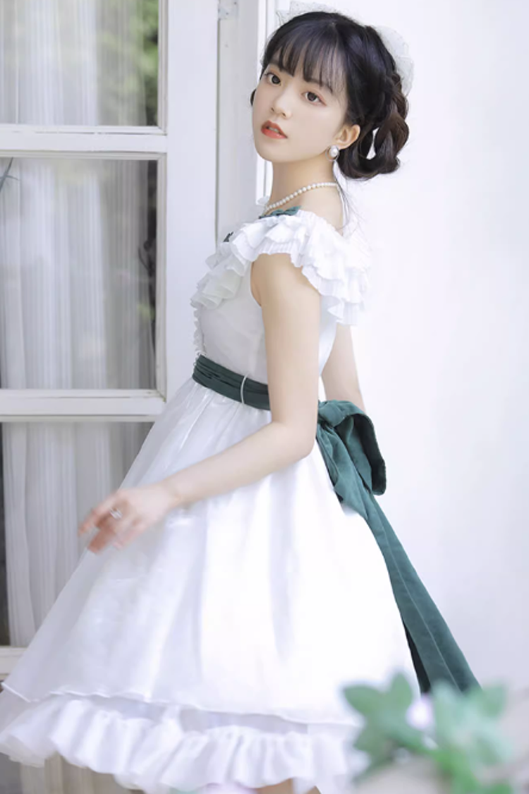 White Round-Collar Sleeveless Ruffled Bow-Trim Sweet Lolita Dress