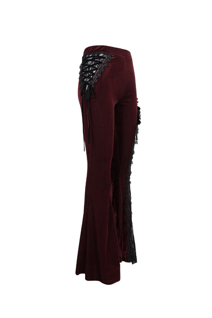 Velvet Single Side Stitching Rose Net Side Rope Flare Gothic Pants