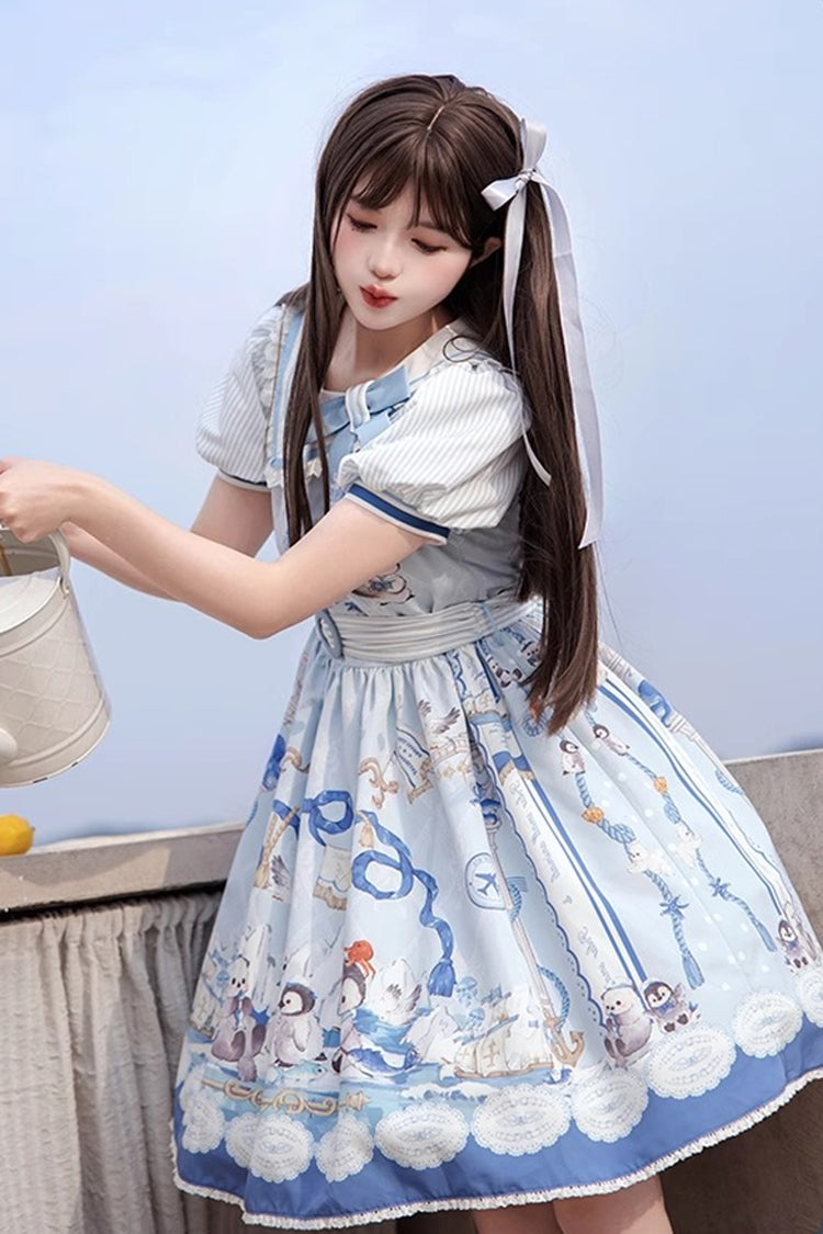 Navy Short-Sleeve Bow-Adorned Princess Gown with Ruffle Print