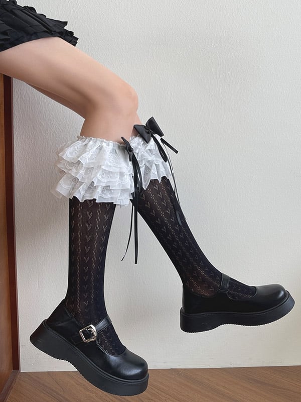White/Black Bowknot Heart Print Lace Ruffle Trims Underknee Stockings