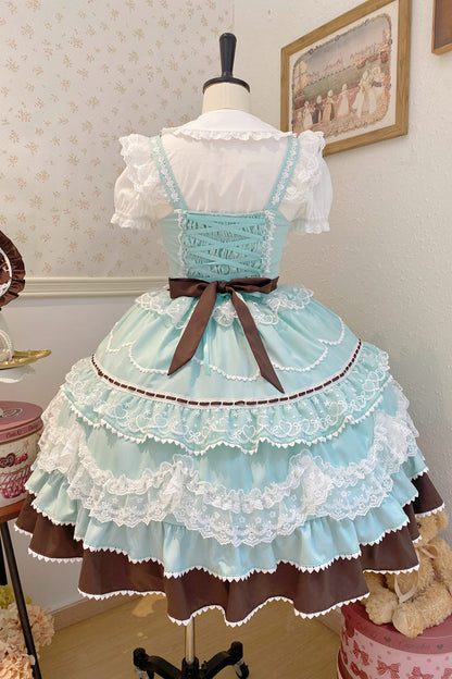 Mint Chocolate Fondant Cake Sleeveless Multi-Layer Ruffle Bow Lace Sweet JSK Dress