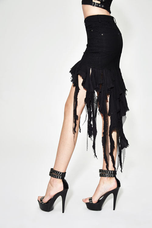 Edgy Frayed Asymmetrical Mini Skirt with Hip Cutouts