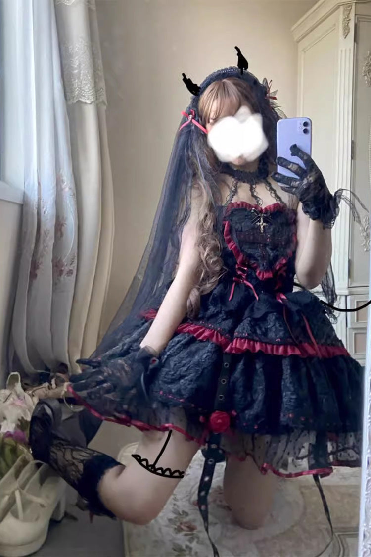 Witch Vampire Rose Print Ruffle Lace-Up Punk Dress