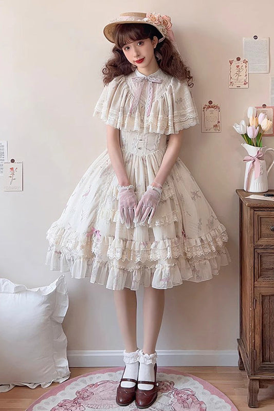 Bellflower Print Ruffled Lace Sweet Princess Gown