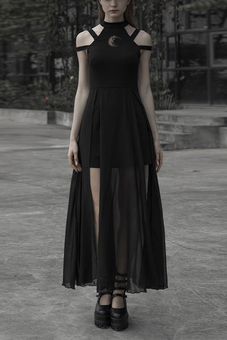 Gothic Dress with Lunar Print and Mesh Stitching
