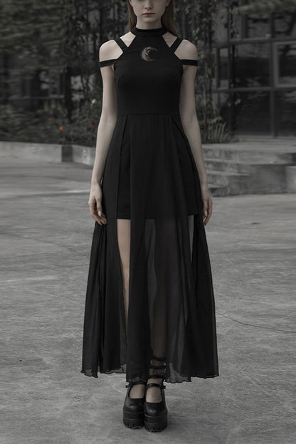 Gothic Dress with Lunar Print and Mesh Stitching