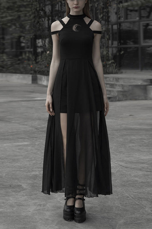 Gothic Dress with Lunar Print and Mesh Stitching