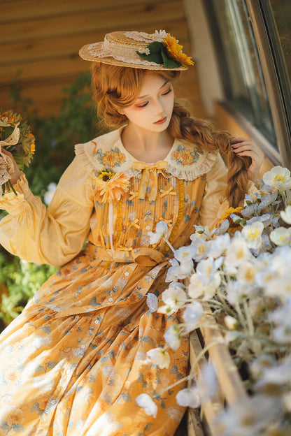 Golden Sleeveless Ruffled Bow Sunflower JSK Elegant Dress