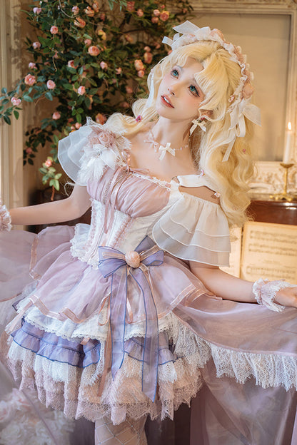 Pink Purple Rose Memoirs Sleeveless Multi-Layer Bow Lace Sweet Lolita Skirt Set