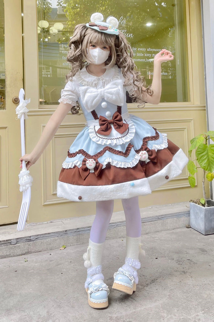 Blue/Brown Sweet Lolita Winter Ruffle Bowknot JSK Dress