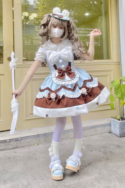 Blue/Brown Sweet Lolita Winter Ruffle Bowknot JSK Dress