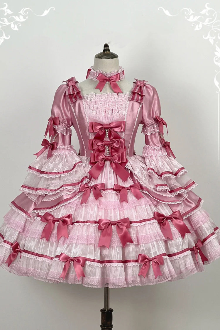 Rose Velvet Cake Long Trumpet Sleeves Multi Ruffle Bow Lace Sweet Lolita Dress